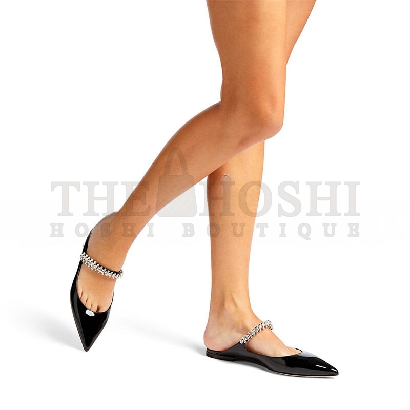 J1m*y Ch00 BLACK PATENT LEATHER MULES WITH CRYSTAL STRAP BINGFLATPAT010003 Master Quality